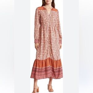 Mila Mae Border Print Floral Long Sleeve Midi Maxi Dress Large NWT